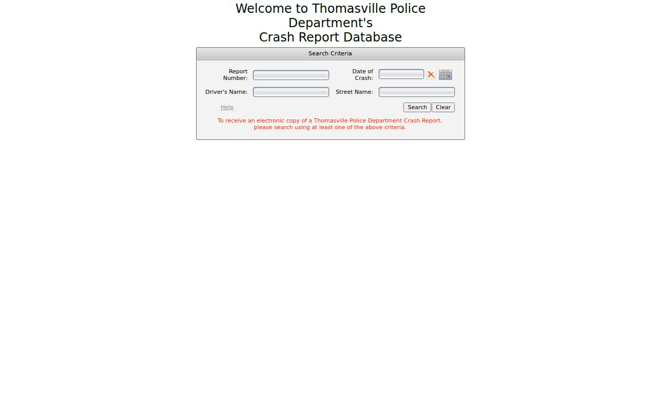Thomasville criminal record check using the police eCrash search fields